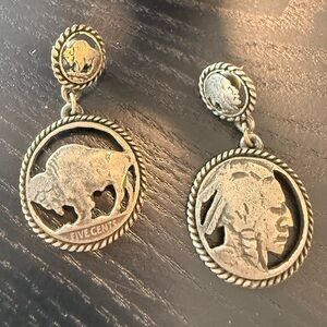 Vintage Pewter Buffalo Nickel Indian Head Dangle Earrings